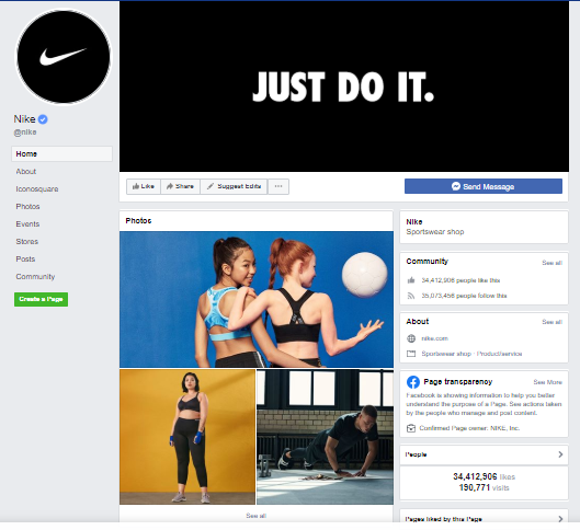 Nike company branding on Facebook page